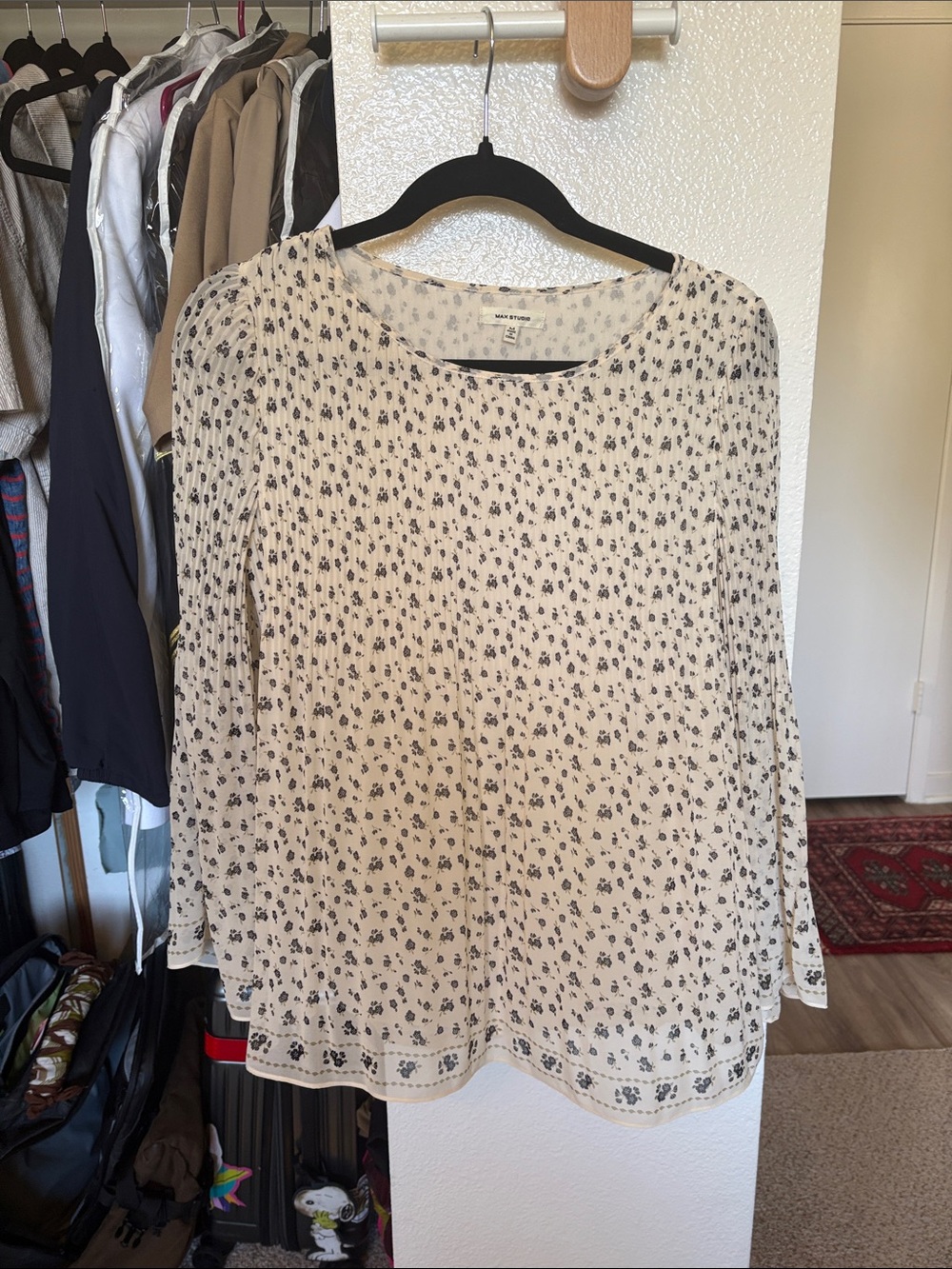 Max Studio Cream Blouse with Black Floral Print